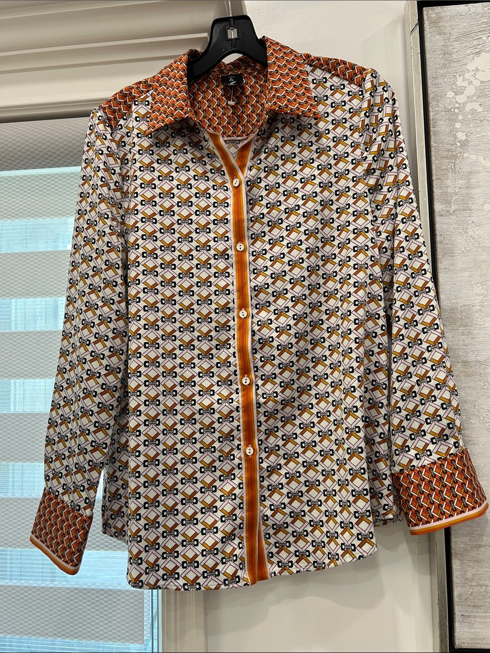 Casual Women's Geometric Button-Down Blouse Shirt - Brown/White/Orange - Picture 7 of 8